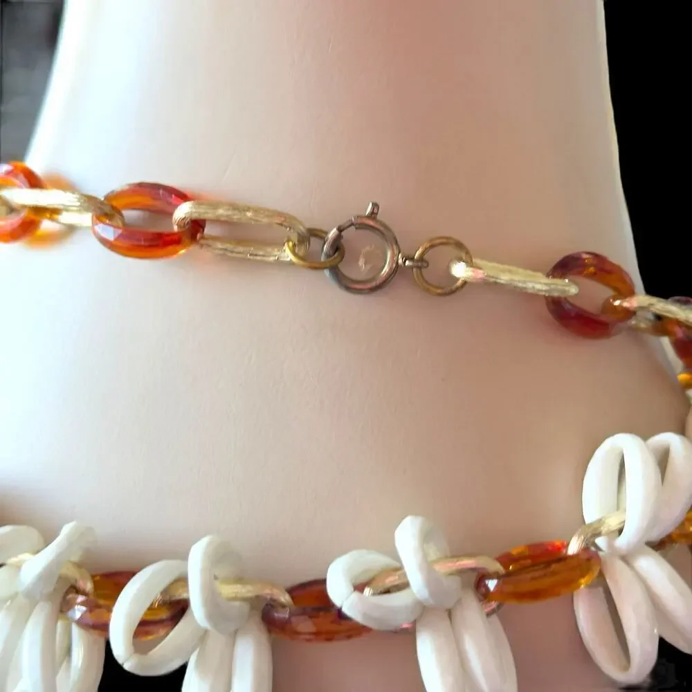 30” Lucite Chain Necklace in White and Warm Brown Tortoiseshell Vintage 1960’s